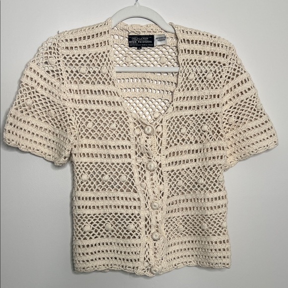 Vintage Sweaters - Hand Knitted Cream Crochet Cardigan 100% cotton Made in Turkey T Shirt sweater
